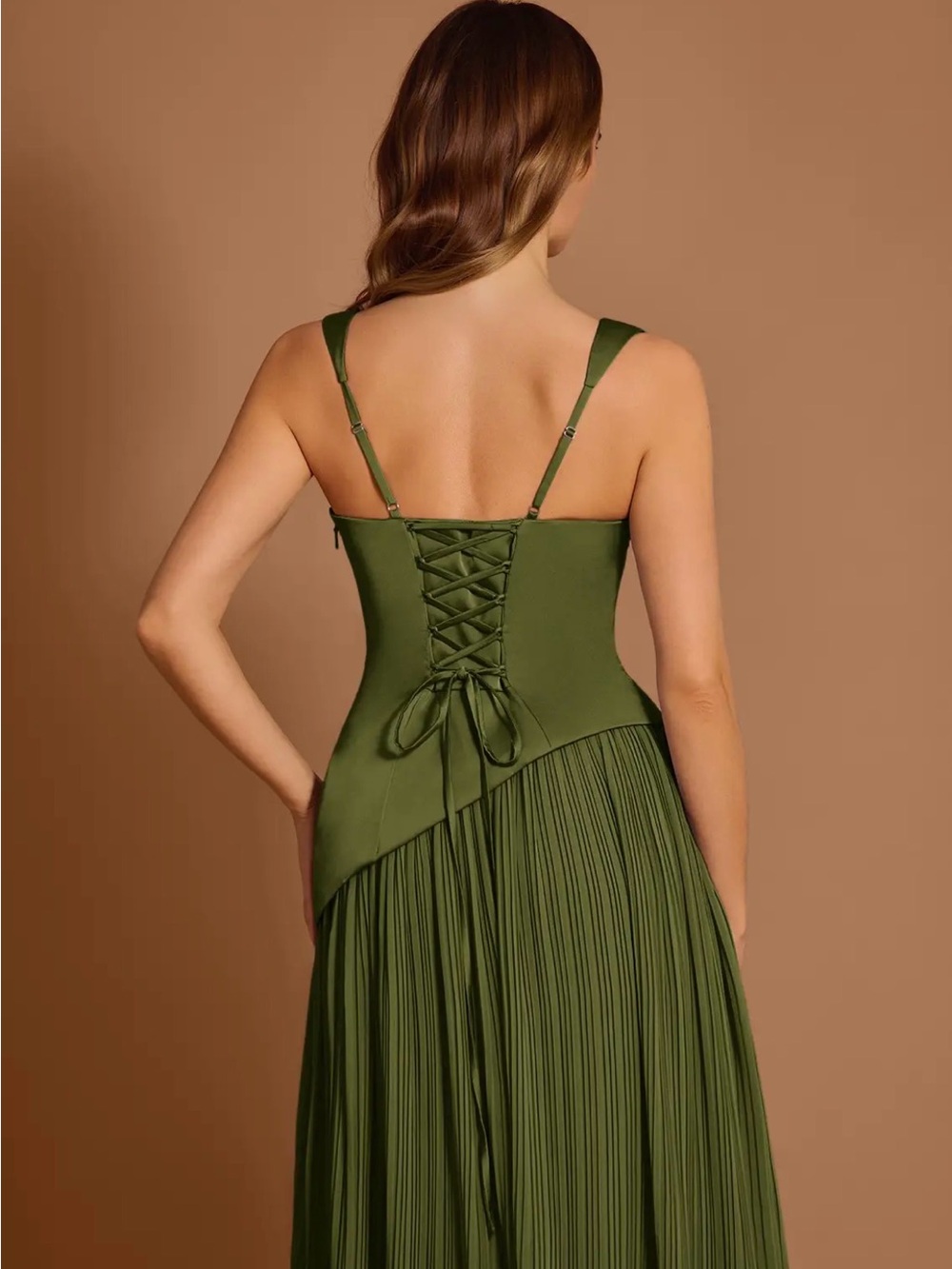 Azazie Olive Green Pleated Maxi Gown with High Slit - Picture 3 of 3